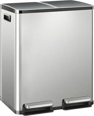 NEWBULIG 16 Gallon Dual Compartment Kitchen Trash Can, Stainless Steel, 60L