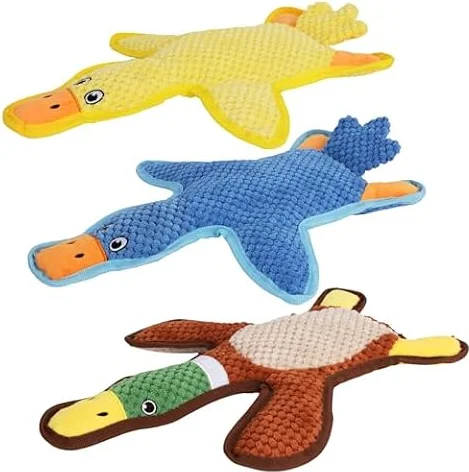 Eneston Dog Toys 3-Pack Cute Duck Shapes Puppy Toys No-Stuffing Squeaky and Crinkle Interactive Dog Chew Toy for Small to Large Breeds