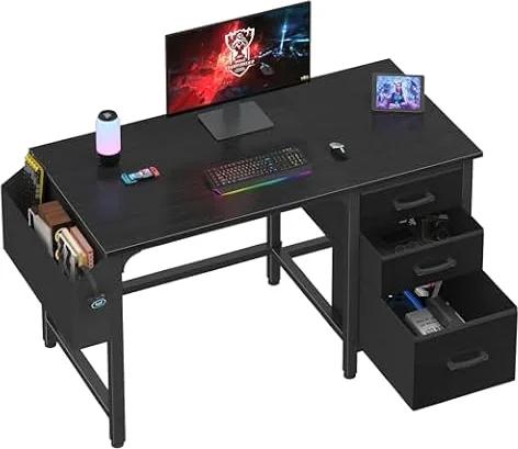 Lufeiya Computer Desk with File Drawers Cabinet, 47 Inch Reversible Home Office Desks with Filing Cabinet for Small Space, Gaming Study Writing Table PC Desks, Black
