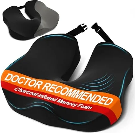 Comfidur Seat Cushion - High-Density Charcoal Memory Foam Office Chair Cushion with Adjustable Strap & Washable Non-Slip Cover | Supports Sitting Posture for Office, Car & Home