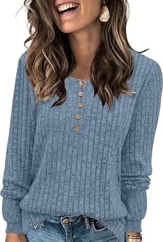 DB MOON Womens Long Sleeve Tops Lightweight Sweaters 2026 Fall Henley Shirt Casual Crewneck Loose Tunic XL Blue