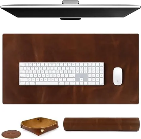 Elizo Real Leather Desk Mat Set (32x16) Large Desk Cover Desk Blotter Protector Computer Gaming Mouse Pad Table Laptop Office Desktop Accessories - Antique