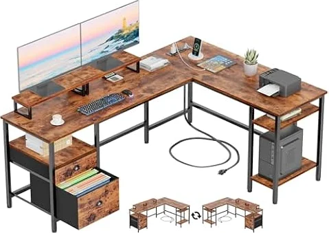 Furologee 66'' L Shaped Desk with Power Outlet and 2 Drawers, Rustic Brown