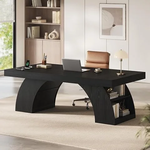 UPOSOJA 70.9 Inch Executive Desk, Large Office Desk with Power Outlet & Storage Shelves, Modern Aesthetic Computer Desks Wood Workstation Business Furniture Writing Table for Home Office (Black)