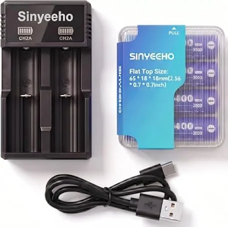 Sinyeeho 18650 Battery Charger, Universal 2-Bay Smart Charger for 18650 Rechargeable Batteries, USB Powered with Charging Indicator and Storage Case, for Flashlight Headlamp and More