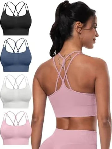 CHRLEISURE Sports Bras for Women, 4 Packs Padded High Support Workout Yoga Seamless Criss-Cross Racerback Bras(BlackNavyLGreyPink, M)