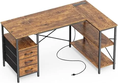 Huuger L Shaped Office Desk with Power Outlets & 3 Drawers