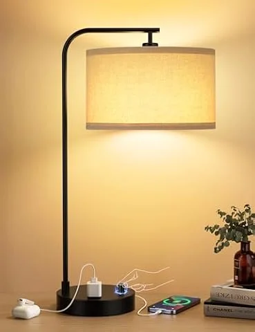 20.7" Tall Table Lamp with USB & Outlet, Fully Dimmable Nightstand Lamp | Linen Lampshade, USB Port and Outlet, Black Desk Lamp for Bedside, Living Room, Guest Room, Home Office, LED Bulb Included