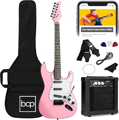 Best Choice Products 39in Full Size Beginner Electric Guitar Starter Kit w/Case, Strap, 11W Amp, Strings, Pick, Tremolo Bar - Pink