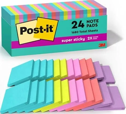 Post-it Super Sticky Notes, 3 x 3 in, Supernova Neons, 24 Pads | School Supplies and Oﬃce Supplies, 2X the Sticking Power