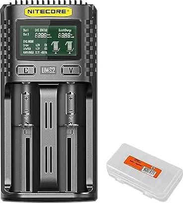 Nitecore UMS2 Intelligent Dual-Slot Quick USB-C Battery Charger for Li-Ion/Ni-MH/Ni-Cd/IMR 16340 14500 18650 21700 20700 AA AAA and More Batteries, with Organizer