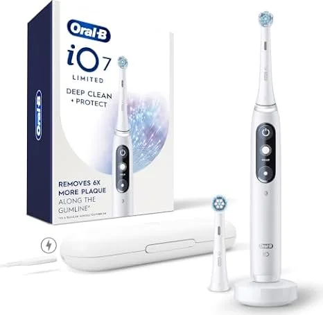 Oral-B Rechargeable Electric Toothbrush, iO7 Limited Deep Clean + Protect, 5 Cleaning Modes, Interactive Display, Visible Pressure Sensor, 2 Brush Heads, Charging Travel Case, White