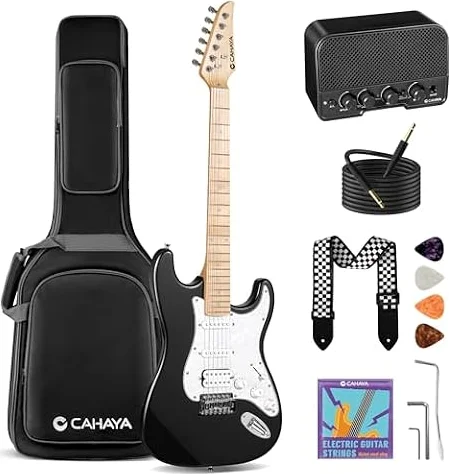 CAHAYA Electric Guitar Set Beginner - 39in Starter Guitar Kit with HSS Pickup Solid Okoume Body Electric Guitar Adults with Amplifier Gig Bag Strap Picks Strings Cable Black