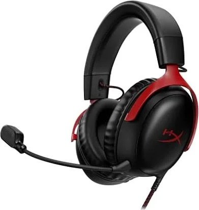 HyperX Cloud III – Wired Gaming Headset, PC, PS5, Xbox Series X|S, Angled 53mm Drivers, Spatial Audio, Memory Foam, Durable Frame, Ultra-Clear 10mm Mic, USB-C, USB-A, 3.5mm – Black/Red