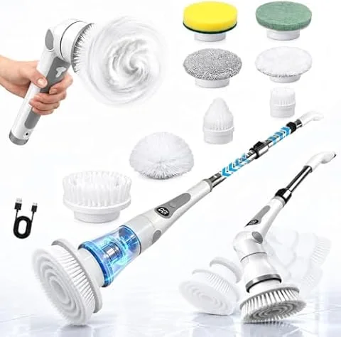 Electric Spin Scrubber, Cordless Shower Scrubber Brush with 8 Heads