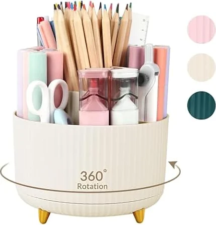 SKYDUE 360 Rotating Plastic Desk Pen Organizer with 5 Slots, Dual-Purpose Art Supply Pencil Cup for Office, School, Home