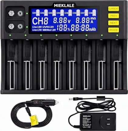 MIEKLALE 18650 Battery Charger,8+2 Bays Battery Charger with LCD Display | Smart Universal Battery Charger for Rechargeable Batteries Li-ion LiFePO4 RCR123 16340 26650 10440 14500 & 9V (8+2Slots)
