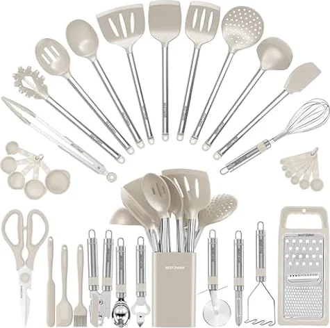 Kitchen Utensil Set-Silicone Cooking Utensils-33 Kitchen Gadgets & Spoons for Nonstick Cookware-Silicone and Stainless Steel Spatula Set-Best Kitchen Tools, Useful Pots (Khaki)