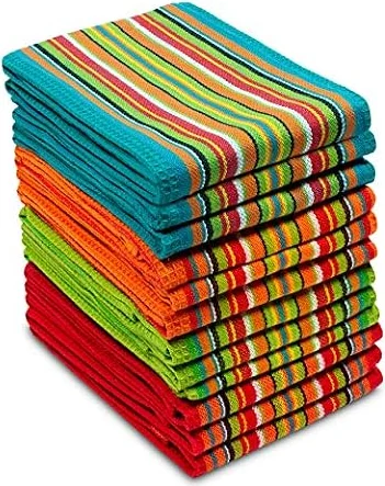 COTTON CRAFT Salsa Stripe Kitchen Towels - 12 Pack 100% Cotton Dish Cloth