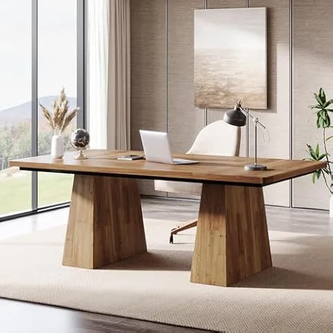 Tribesigns 63-Inch Executive Desk, Large Office Computer Desk with Double Pedestal, Modern Simple Workstations Writing Table Conference Table Business Furniture for Home Office, Light Brown