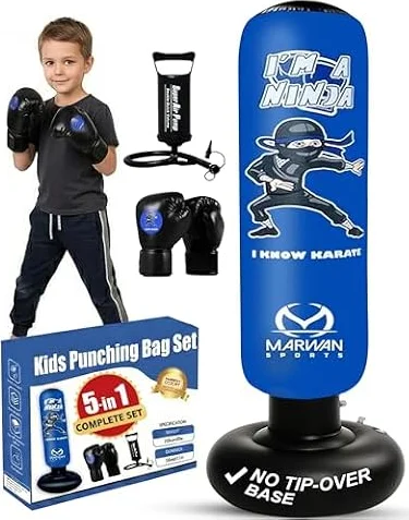Marwan Sports Ninja 63" Punching Bag for Kids Ages 4-12, 5-in-1 Boxing Set with Kids Boxing Gloves, Pump & Base Cover, Freestanding Sensory Toy, Christmas & Birthday Gift for Boys & Girls